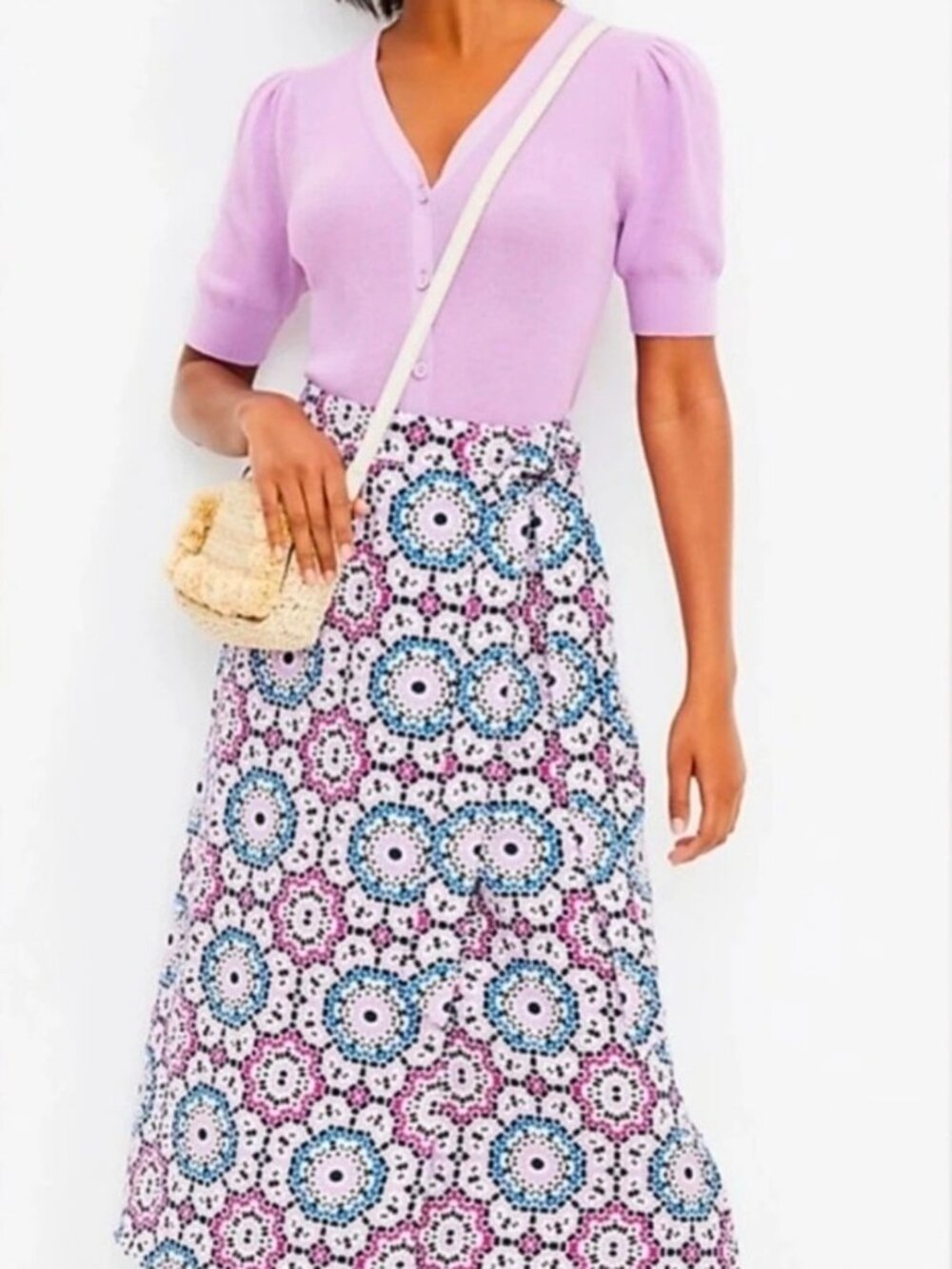 LOFT Linen Blend Wrap Midi Skirt Geometric Print Pink Blue Size 12 NWT